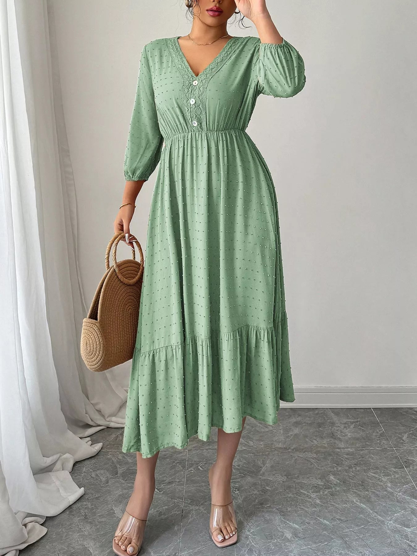 Swiss Dot Ruffle Hem Midi Dress