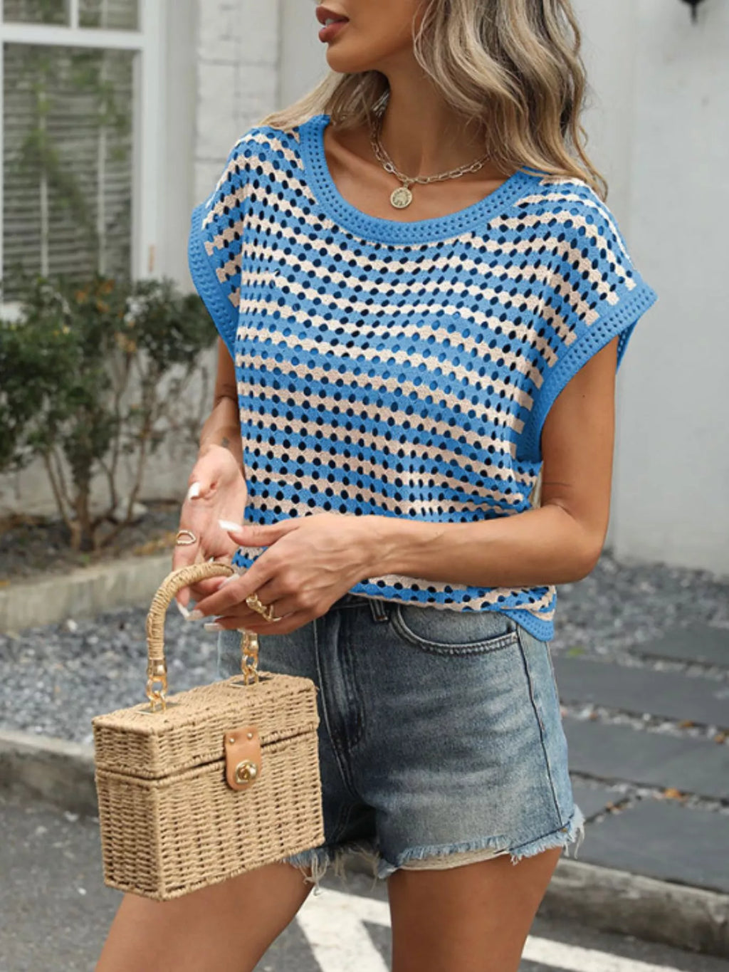 Striped Short Sleeve Crochet Knit Top