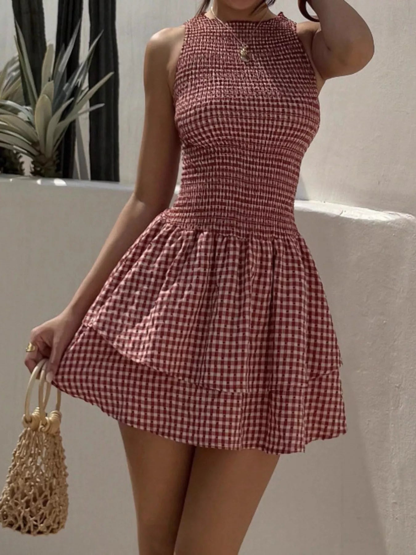 Gingham Smocked Mini Dress