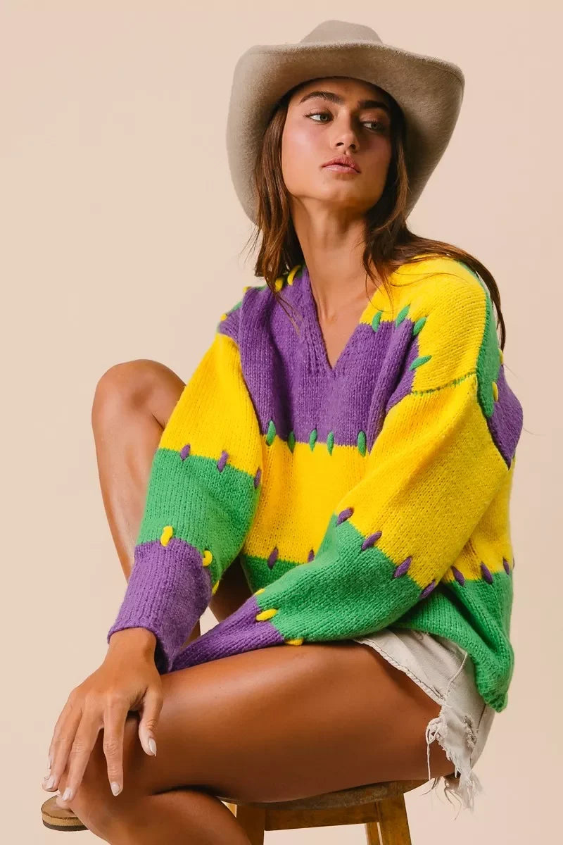 BiBi Stitch Detail Mardi Gras Stripes Sweater