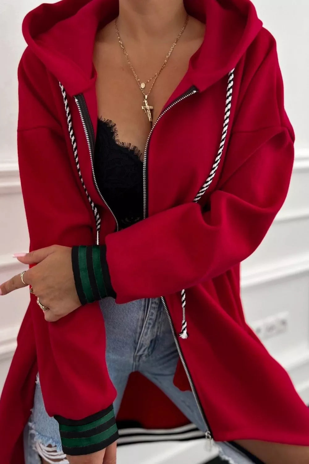 Contrast Cuffed Drop Shoulder Zip Up Hoodie