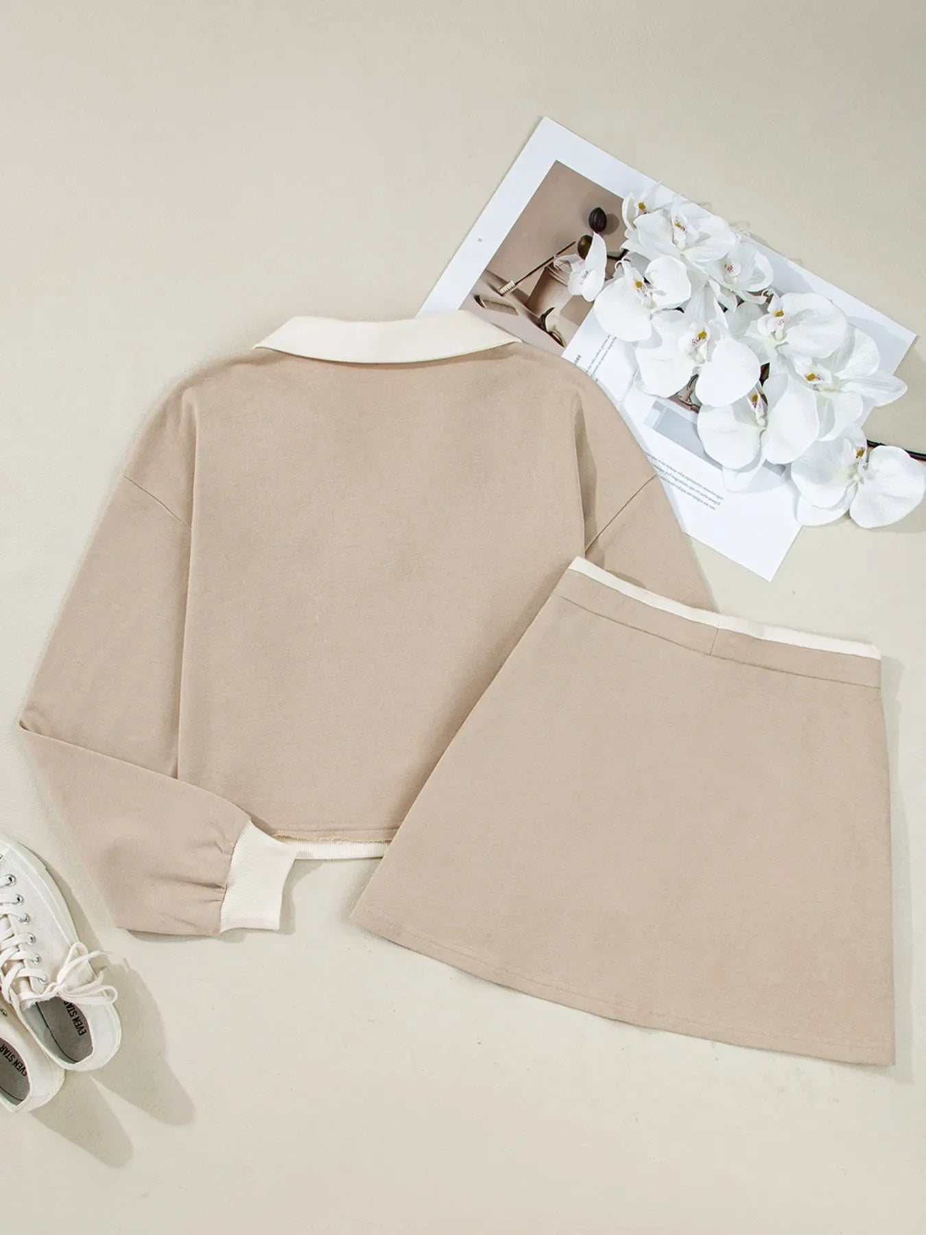 Contrast Collared Neck Top and Drawstring Mini Skirt Set