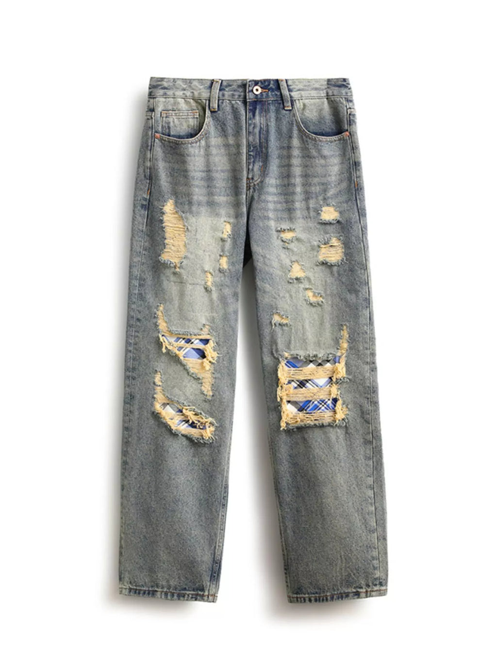 Men's Distressed Plaid Patch Wide Leg Jeans