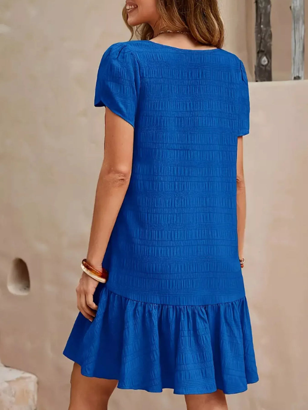 V-Neck Ruffle Hem Textured Mini Dress