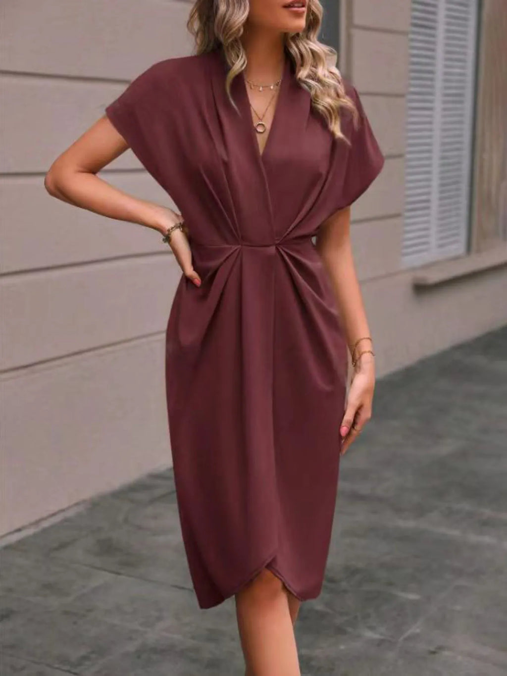 Ruched Surplice Short Sleeve Dress