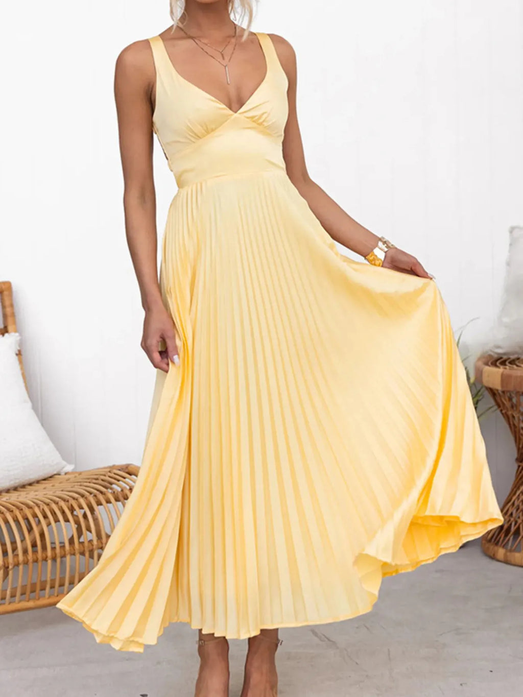 Pleated V-Neck Sleeveless Maxi Dress