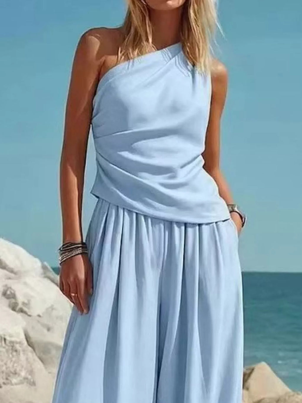 Full Size One-Shoulder Top and Wide Leg Pants Set Plus Size