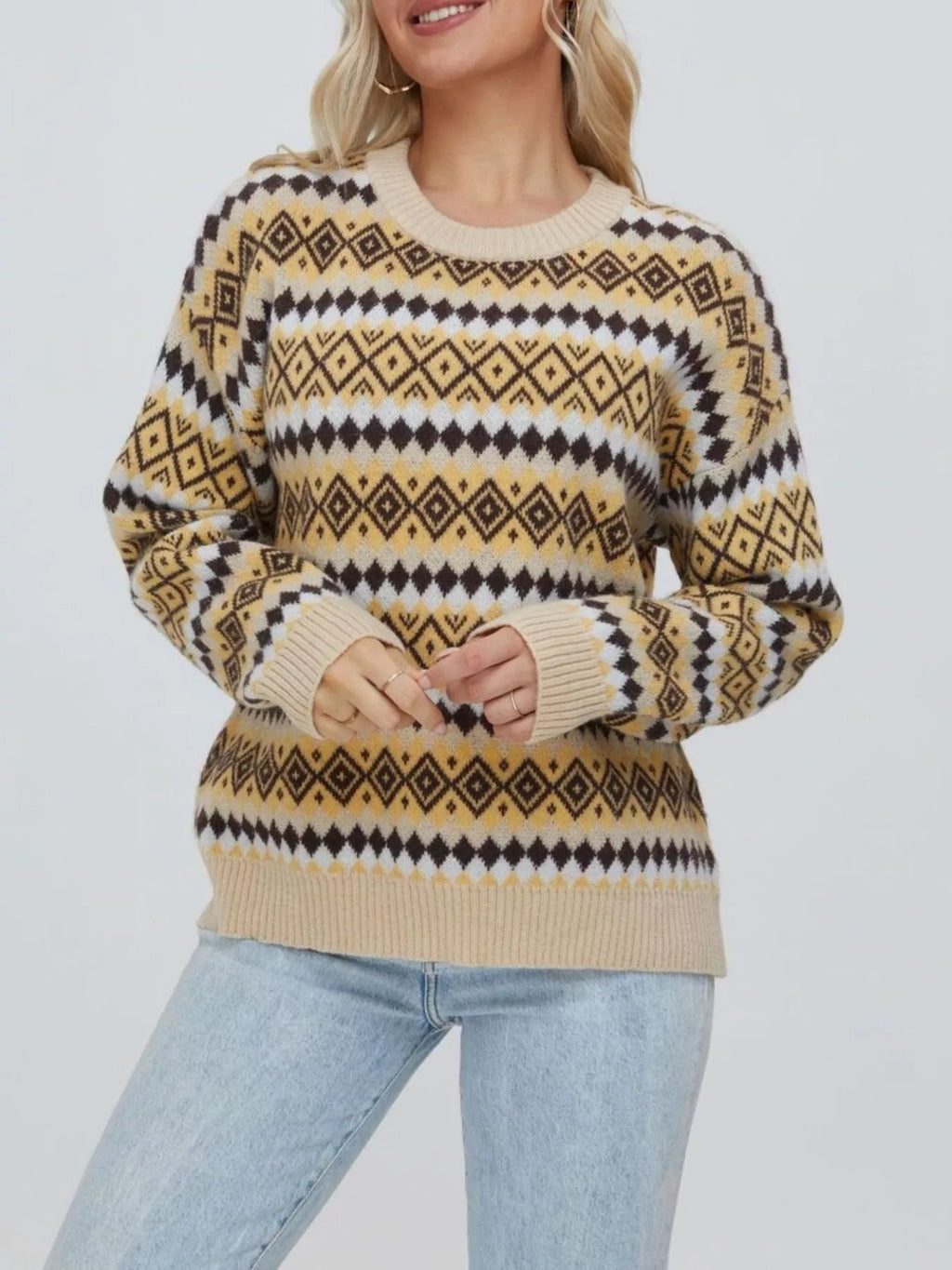 Geometric Pattern Round Neck Sweater