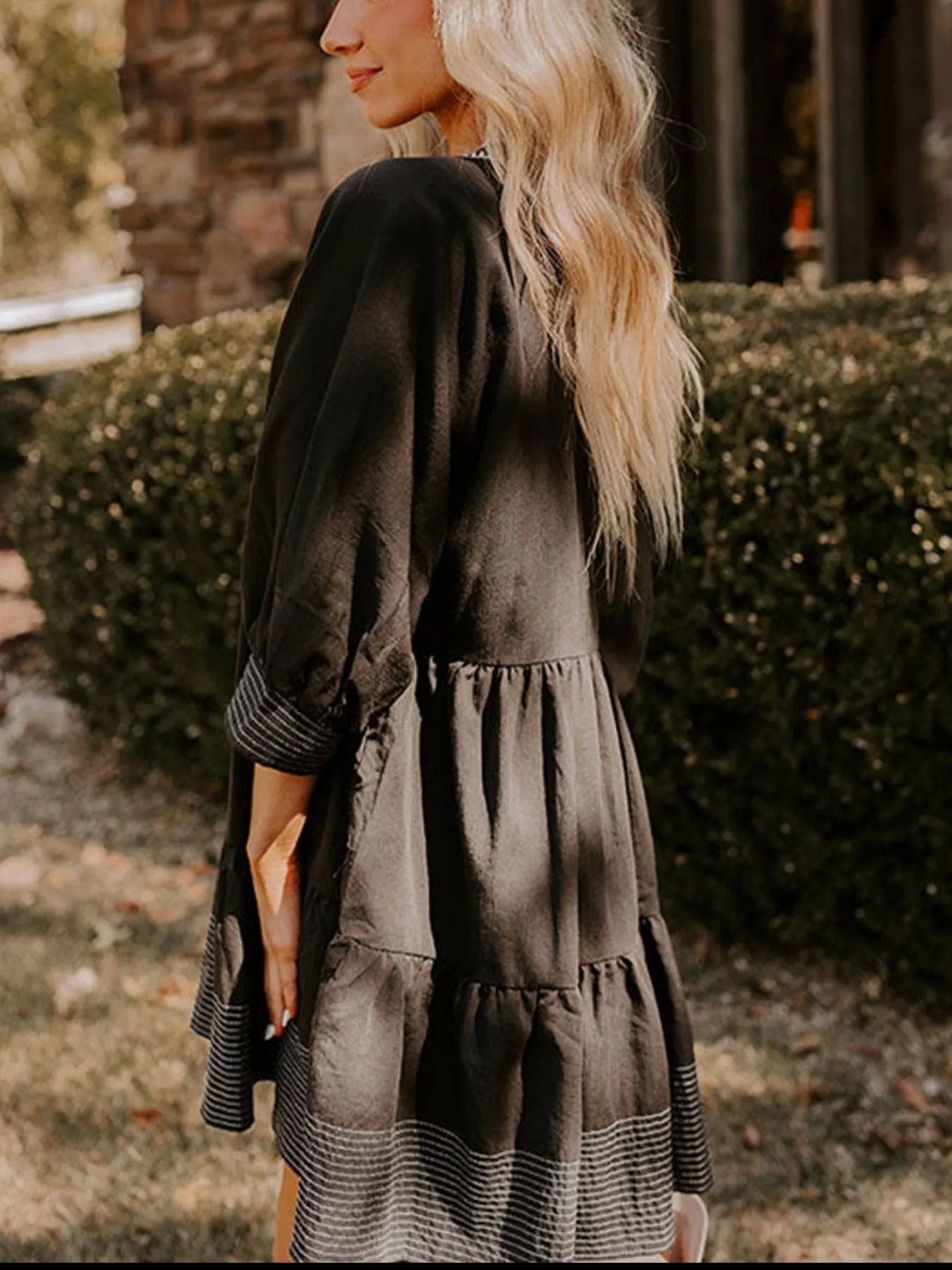 Striped Hem 3/4 Sleeve Tiered Dress