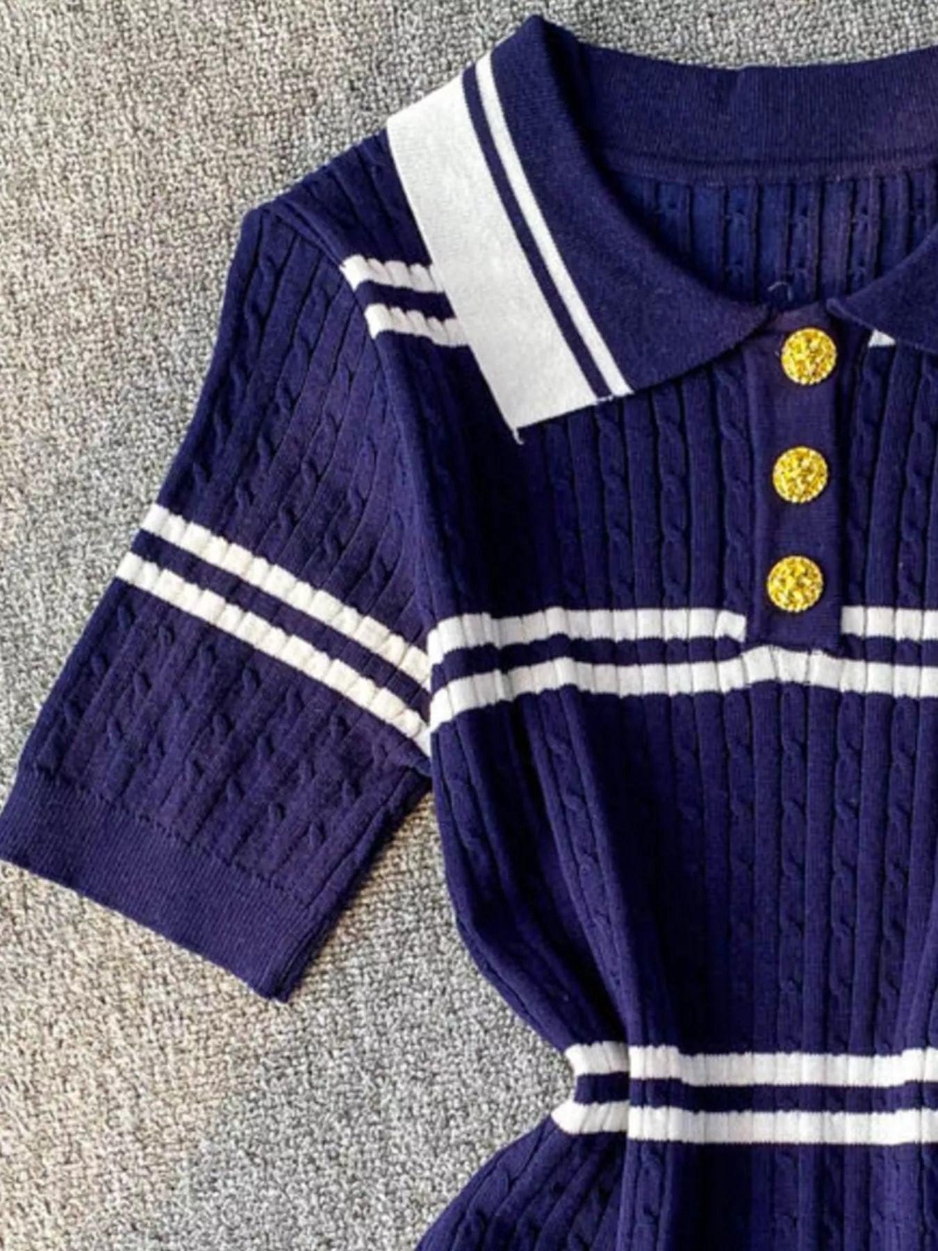 Striped Knit Polo Collar Top