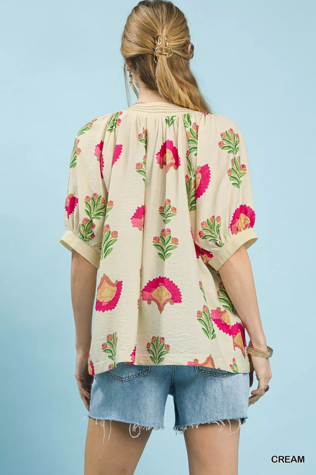 Umgee Abstract Print Blouse with Ruched Detail