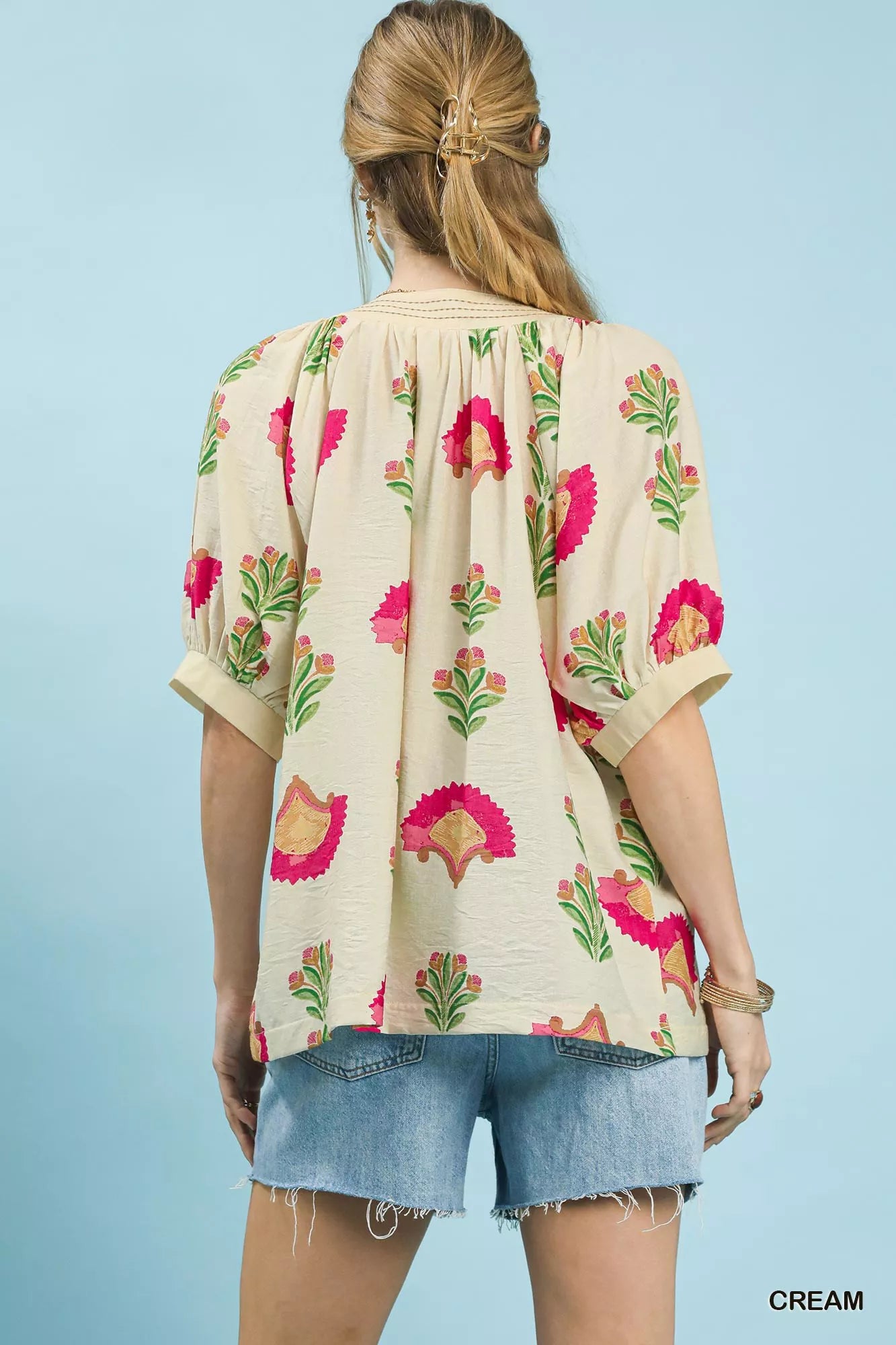 Umgee Abstract Print Blouse with Ruched Detail
