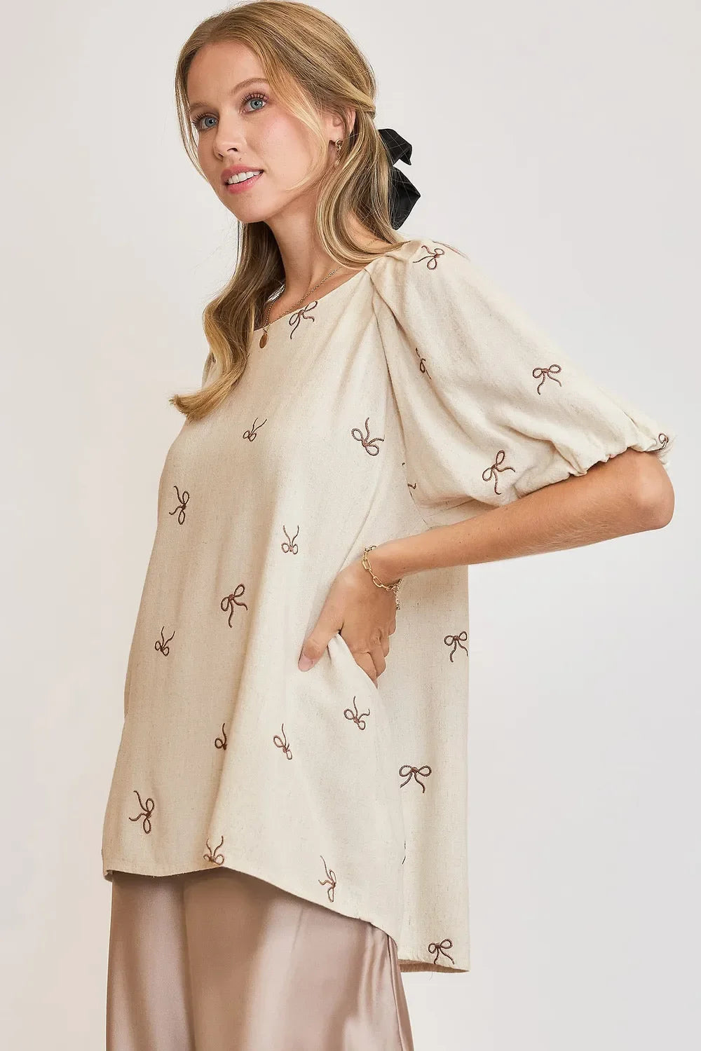 Umgee Full Size Linen Blend Ribbon Embroidered Top Plus Size