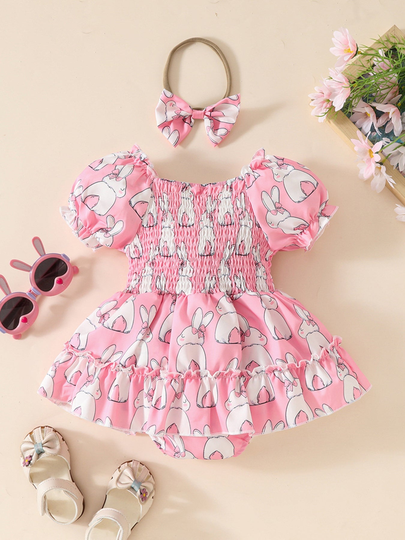 Children's Bunny Print Smocked Dress & Headband Set