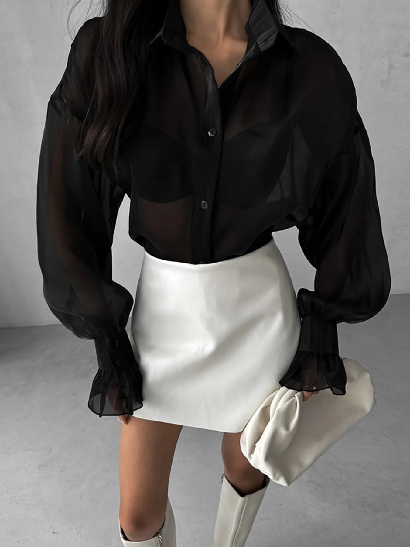 Button Up Flounce Sleeve Shirt