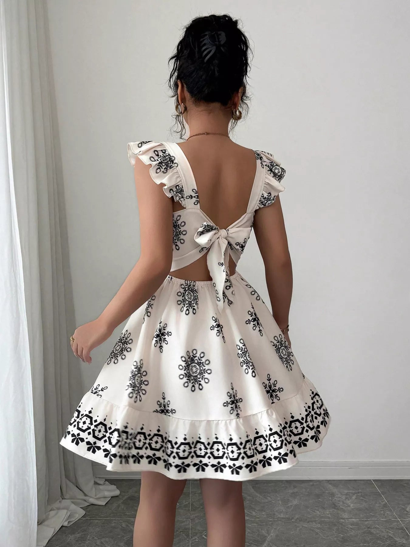 Printed Bow Back Square Neck Mini Dress