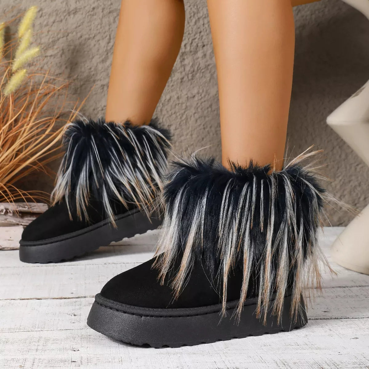 Fuzzy Trim Platform Ankle Boots