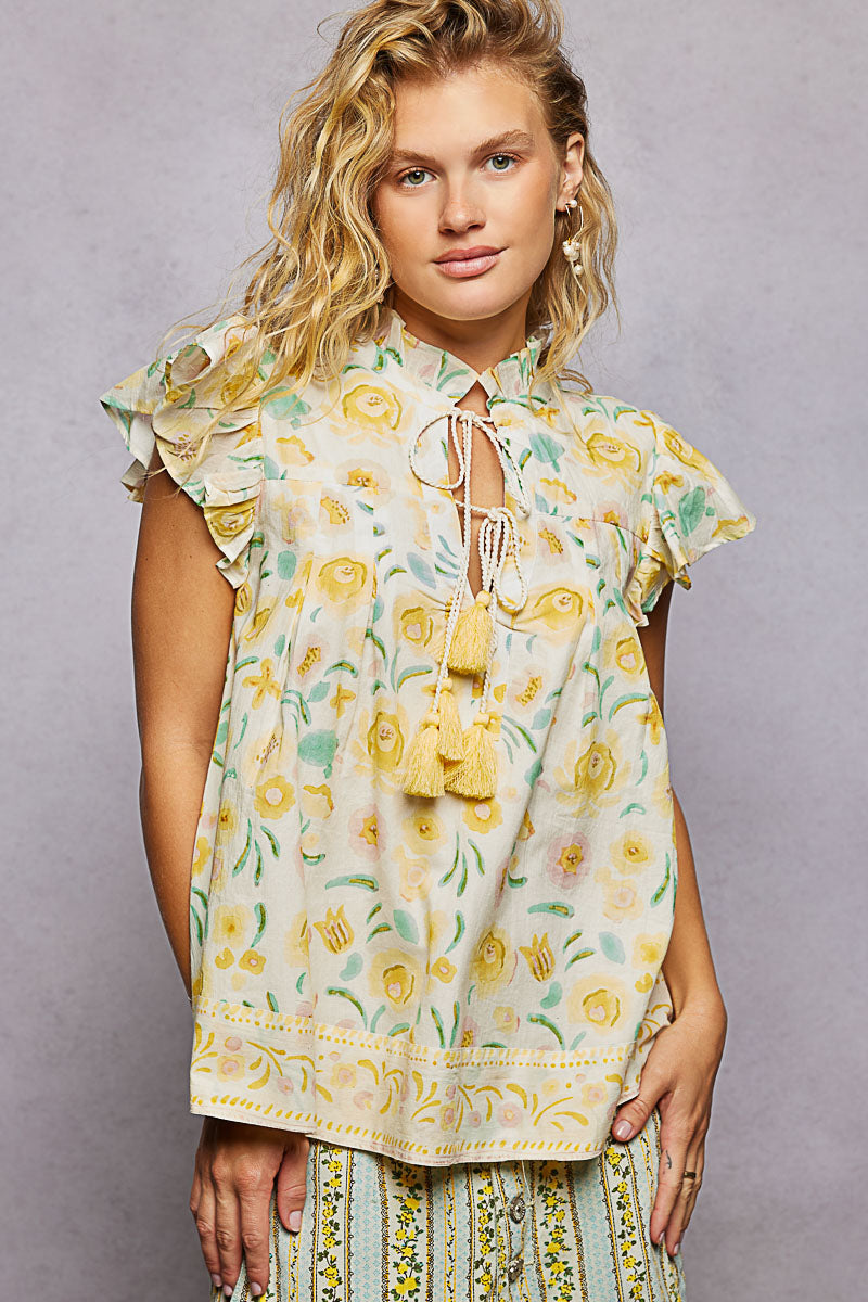 POL Tassel Tied Floral Flutter Sleeve Blouse
