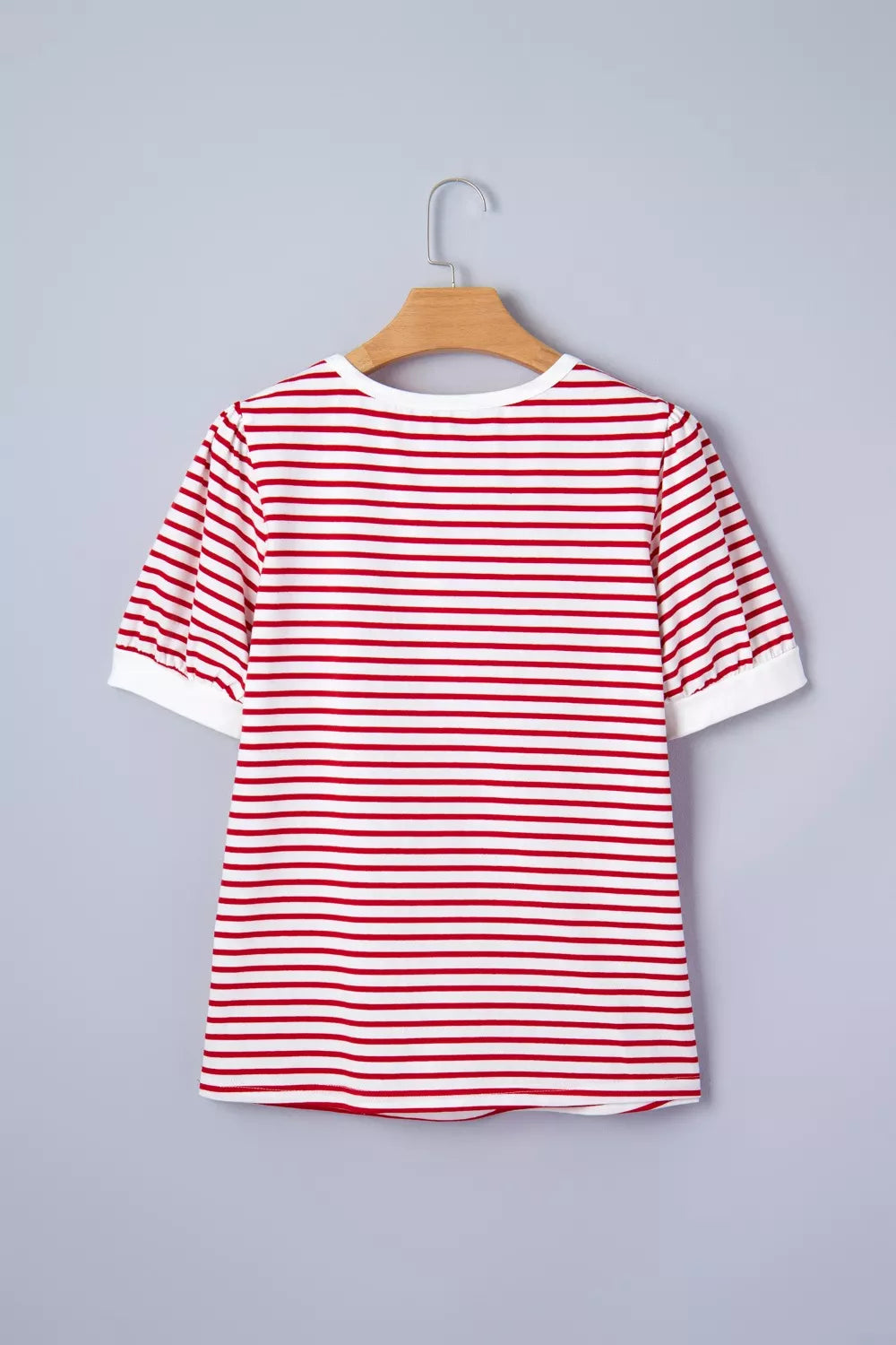 Stripe Contrast Trim Round Neck Short Puff Sleeve T Shirt