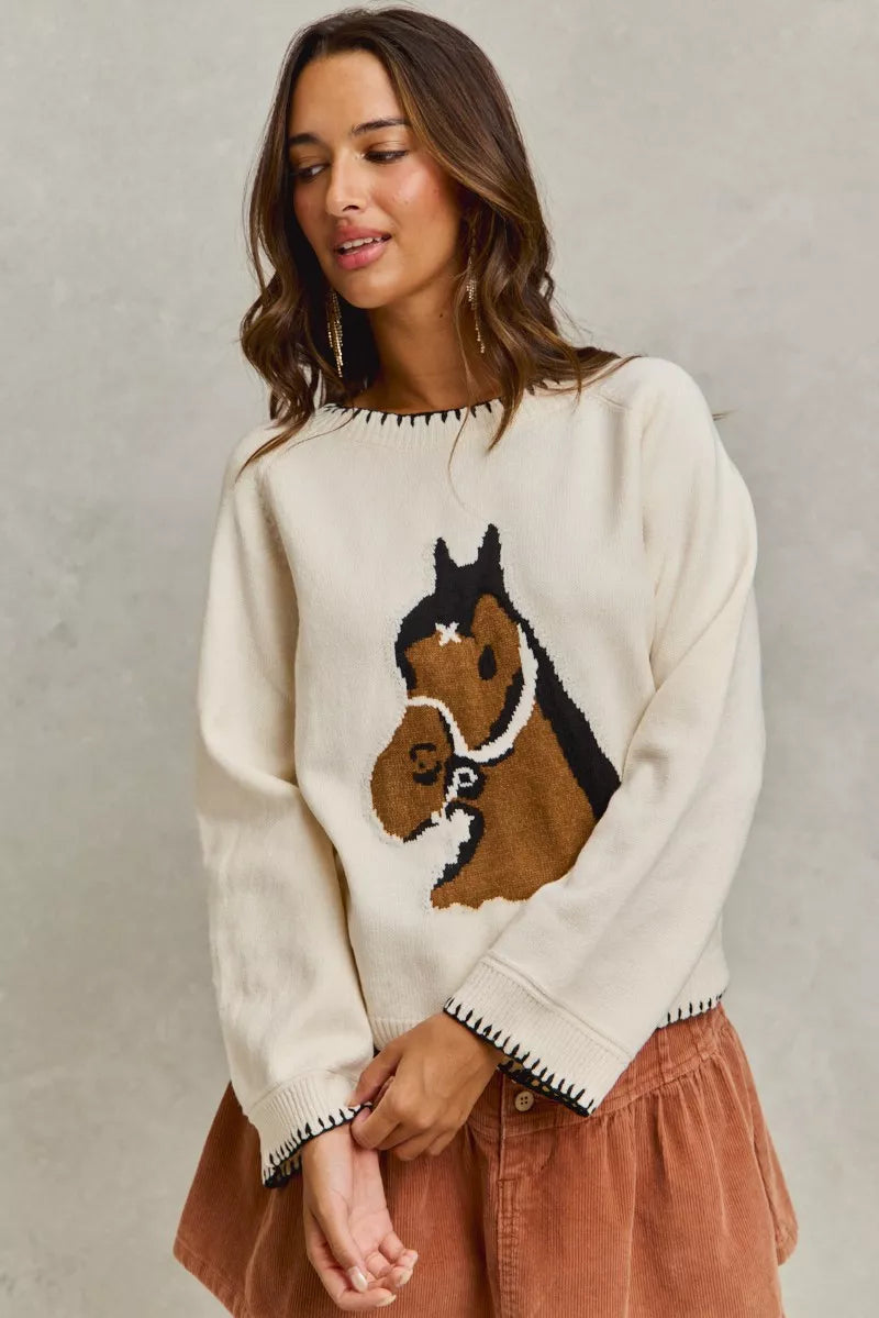 SO ME Horse Knit Sweater Top with Blanket Stitch