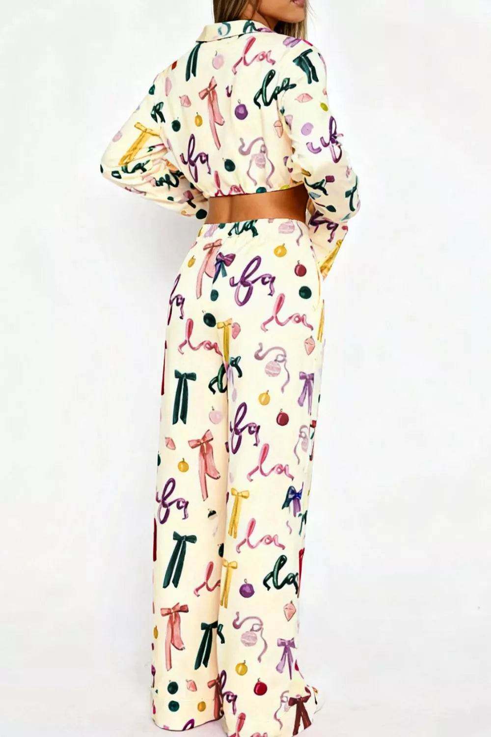 Bow Print Top and Wide Leg Pants Lounge Set