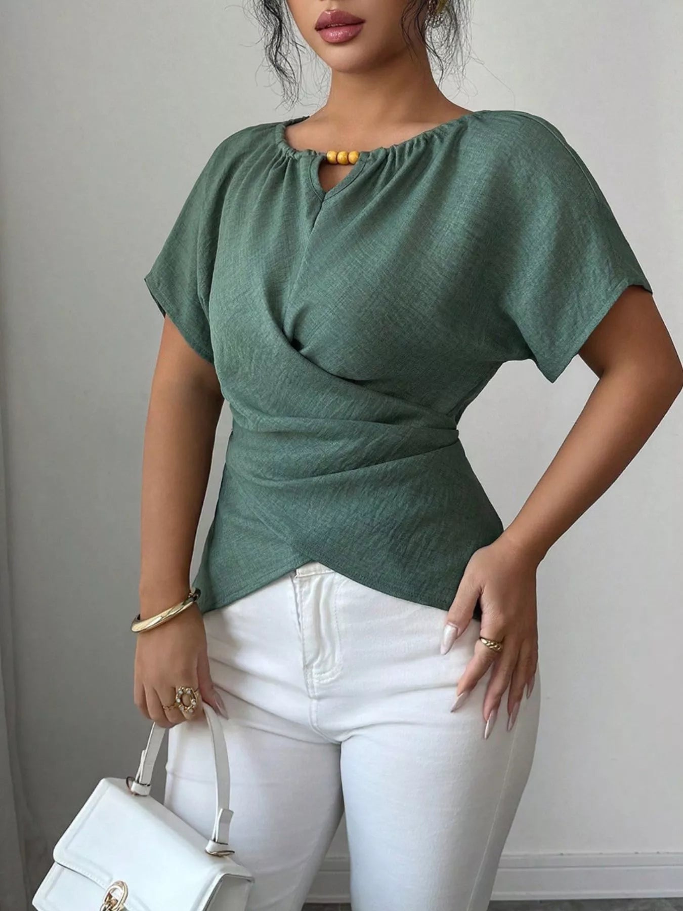Beaded Neckline Short Sleeve Blouse