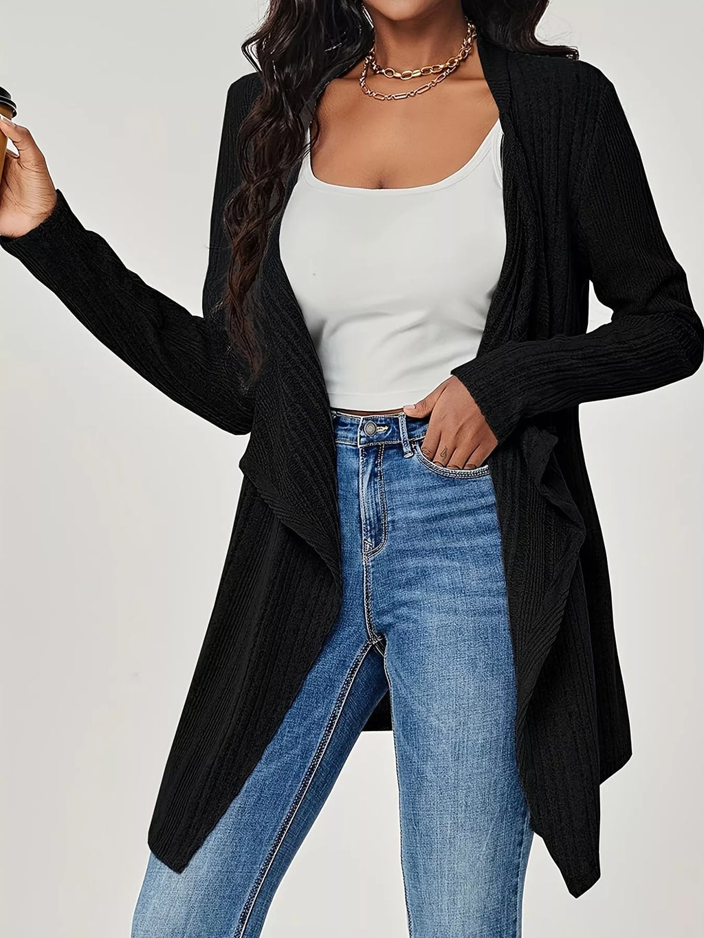 Ribbed Knit Open Front Cardigan