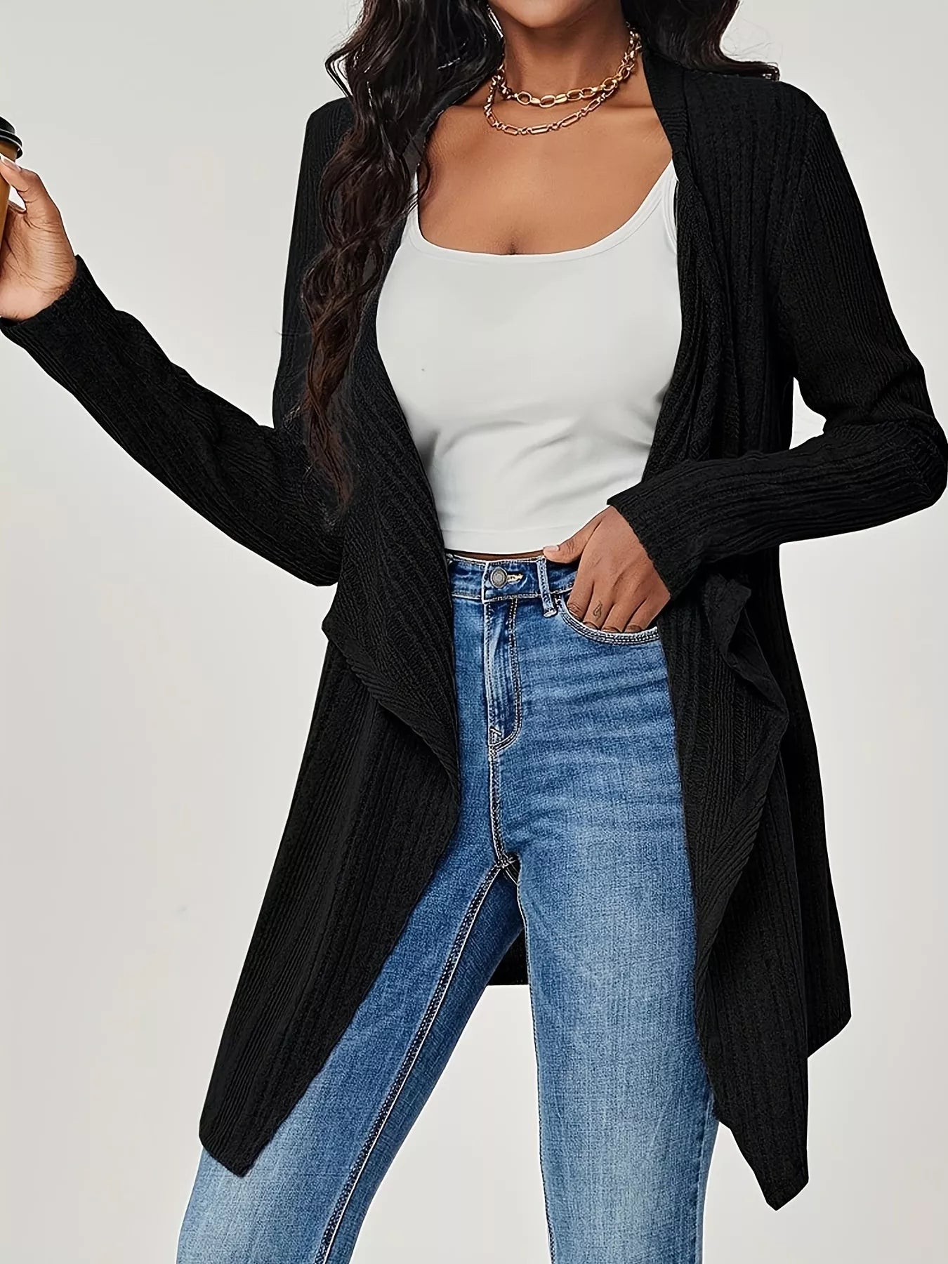 Ribbed Knit Open Front Cardigan