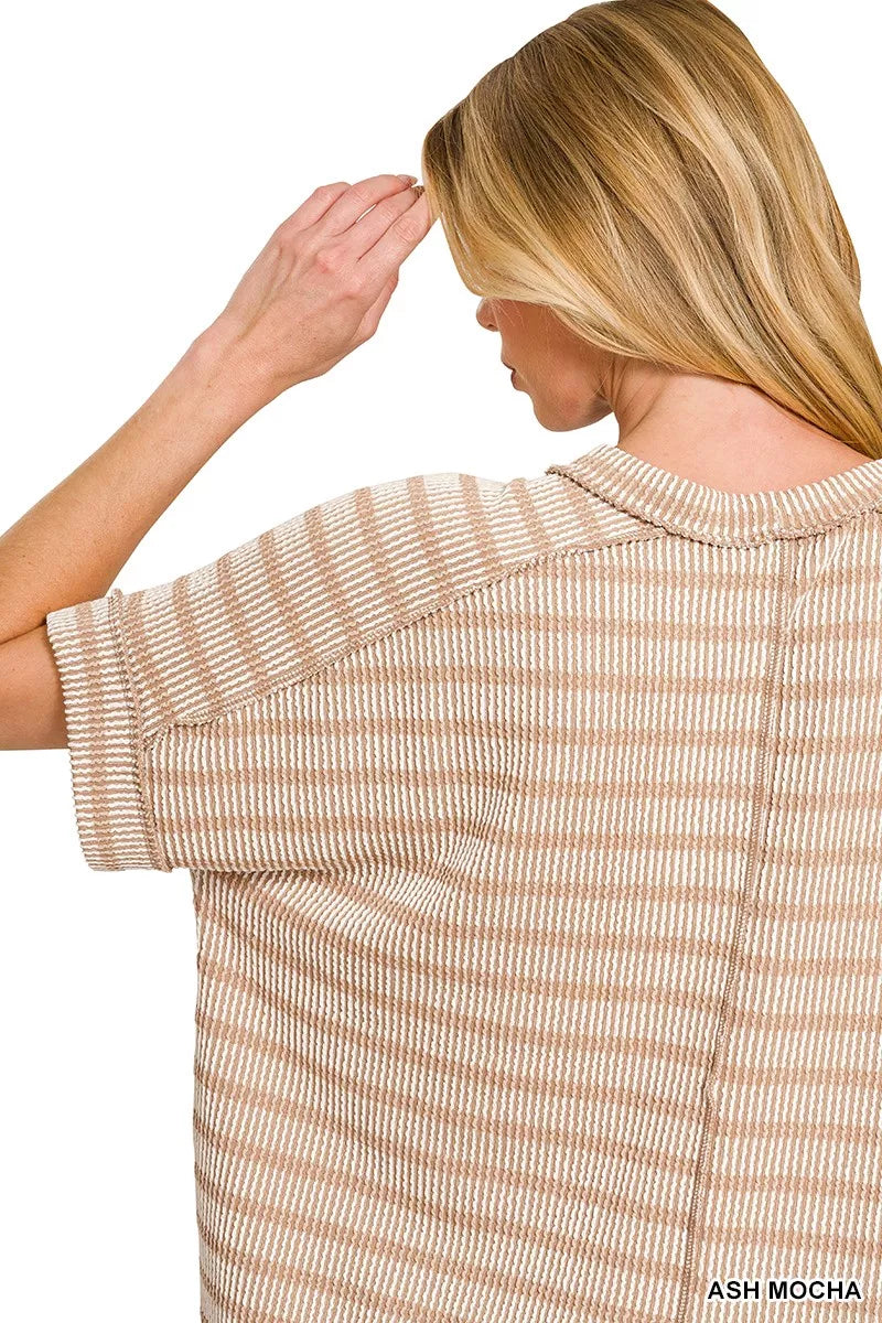 Zenana Raised Rib Striped Exposed Seam Top