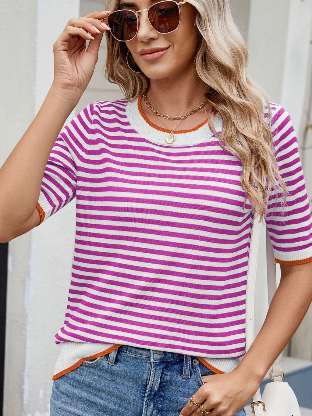 Striped Casual T-Shirt with Contrast Trim