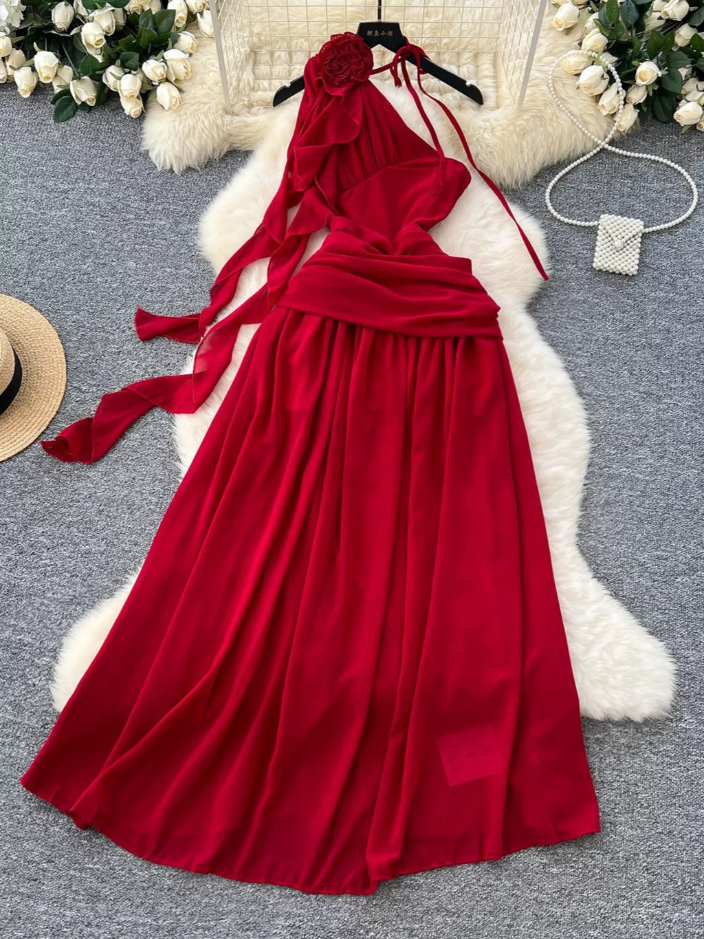 One-Shoulder Floral Decor Dress