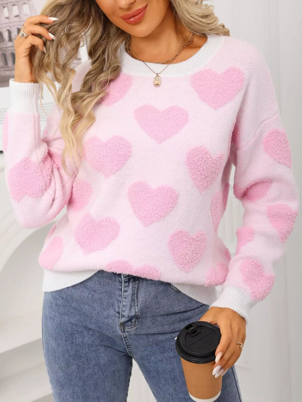 Valentine's Day Heart Pattern Round Neck Sweater