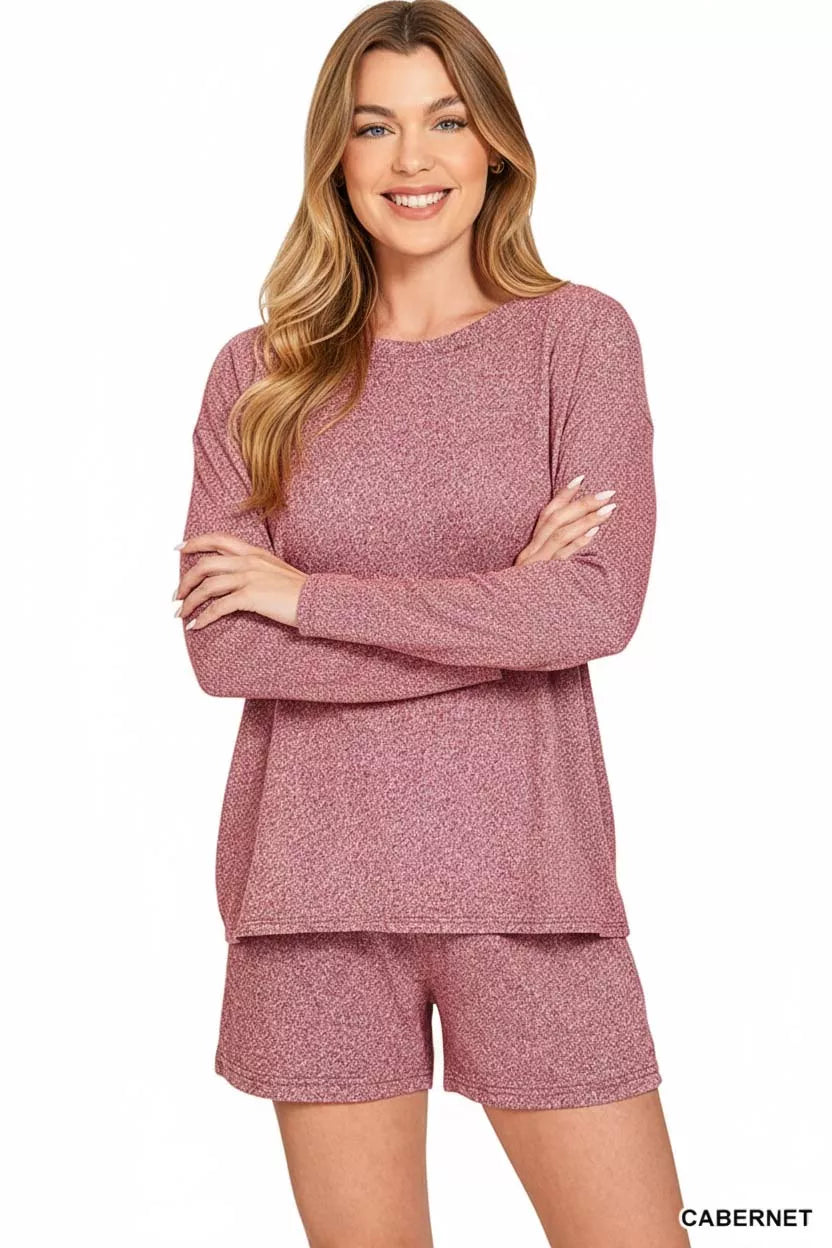 Zenana Soft Melange Long Sleeve Tee and Shorts Set