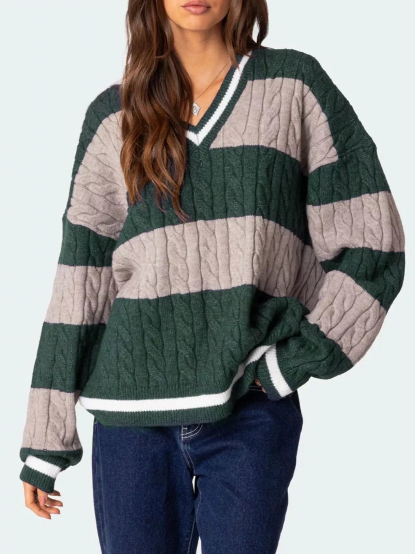 Striped Cable Knit V-Neck Sweater