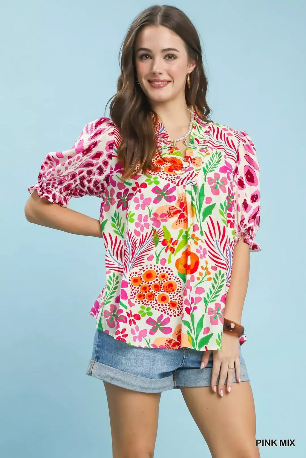 Umgee V-Neck Ruffle Trim Puff Sleeve Top
