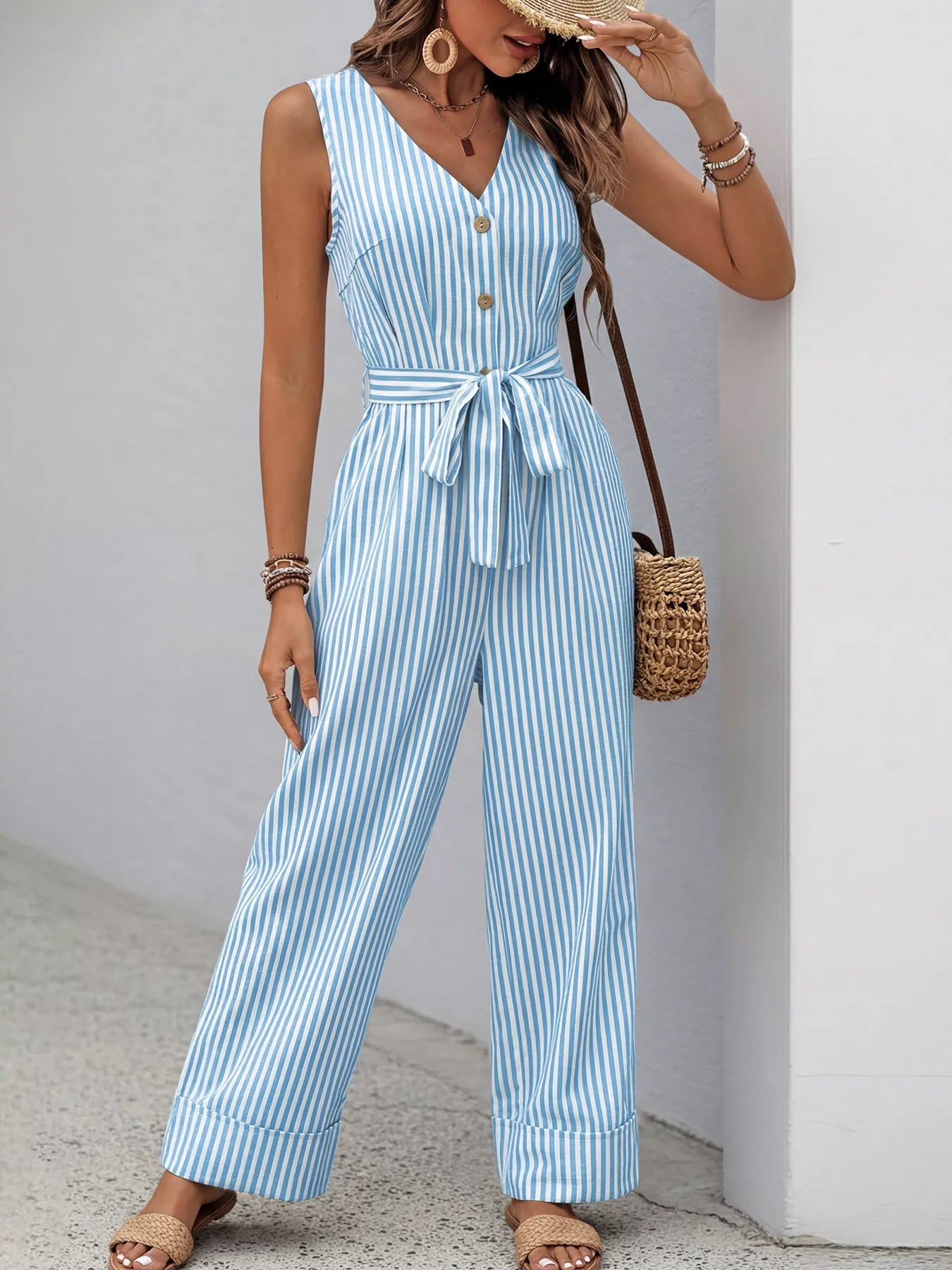 Striped Button-Front Tie Waist Wide Leg Jumpsuit