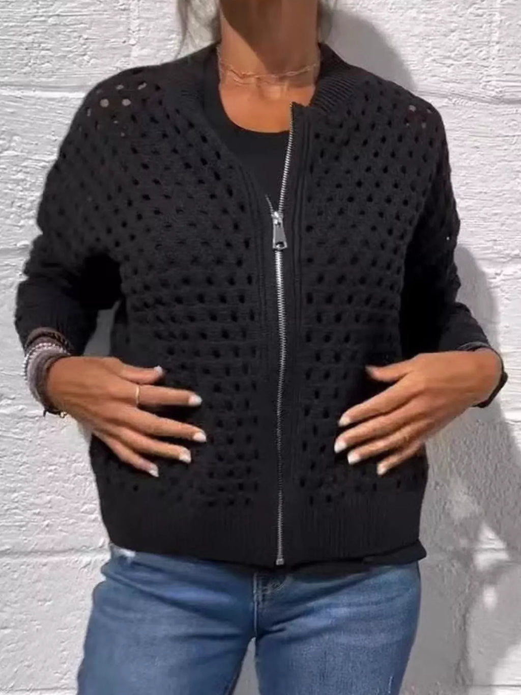 Full Size Zip Up Long Sleeve Cardigan with Eyelet Detail Plus Size