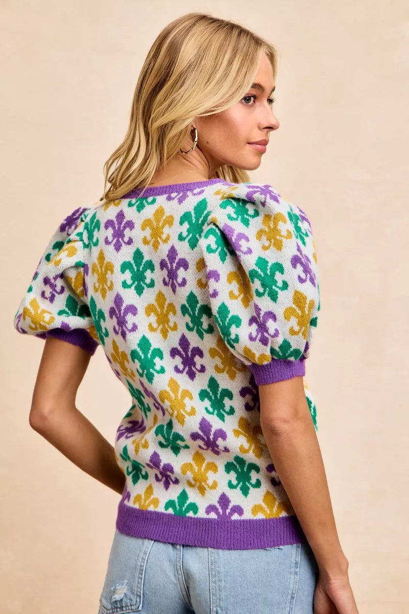 BiBi Mardi Gras Fleur De Lis Patterned V Neck Knit Top