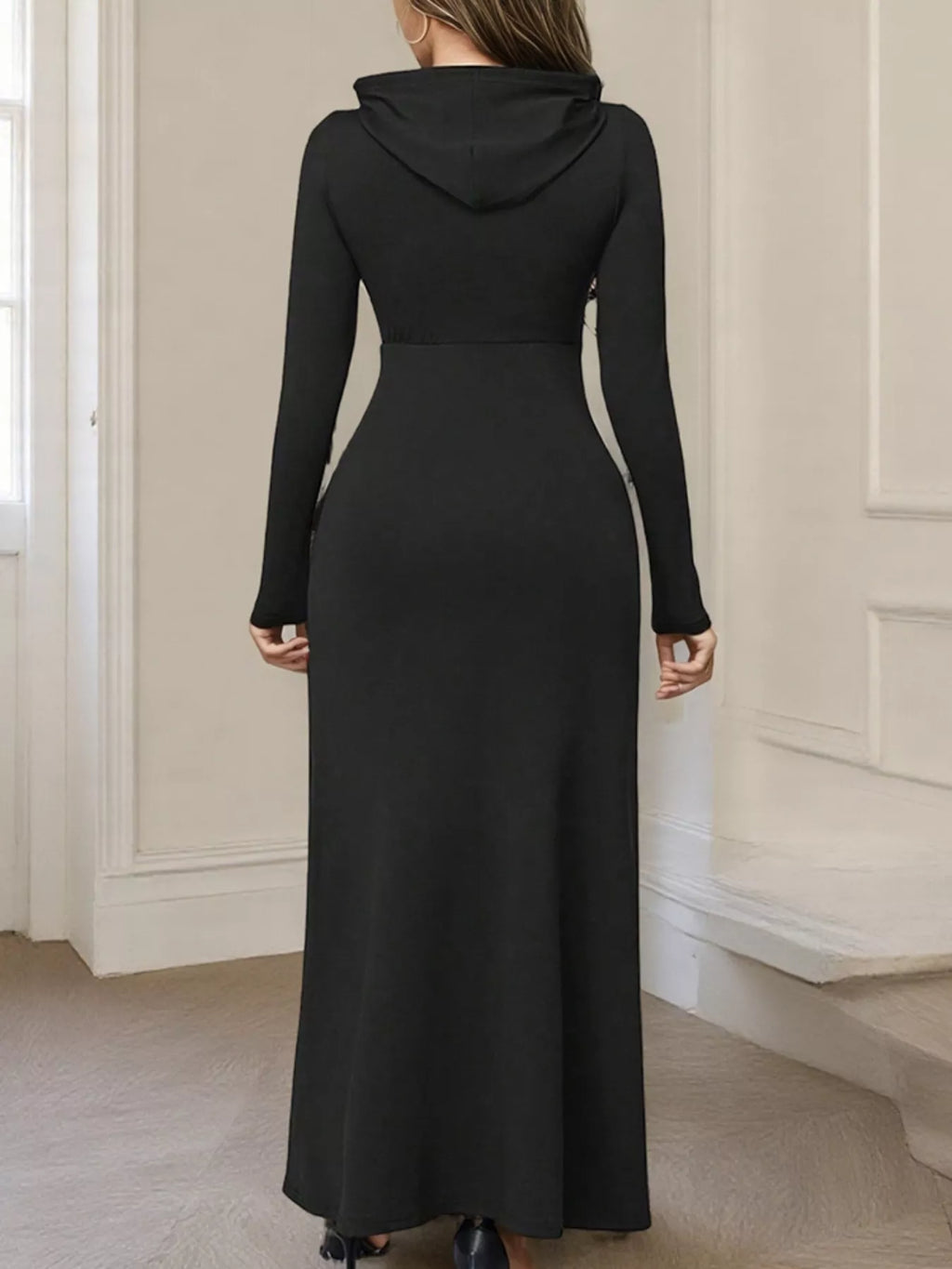 Drawstring Long Sleeve Hooded Maxi Dress