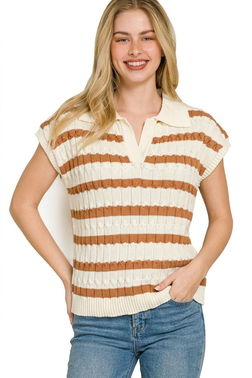Zenana Textured Stripe Collared Sweater Vest
