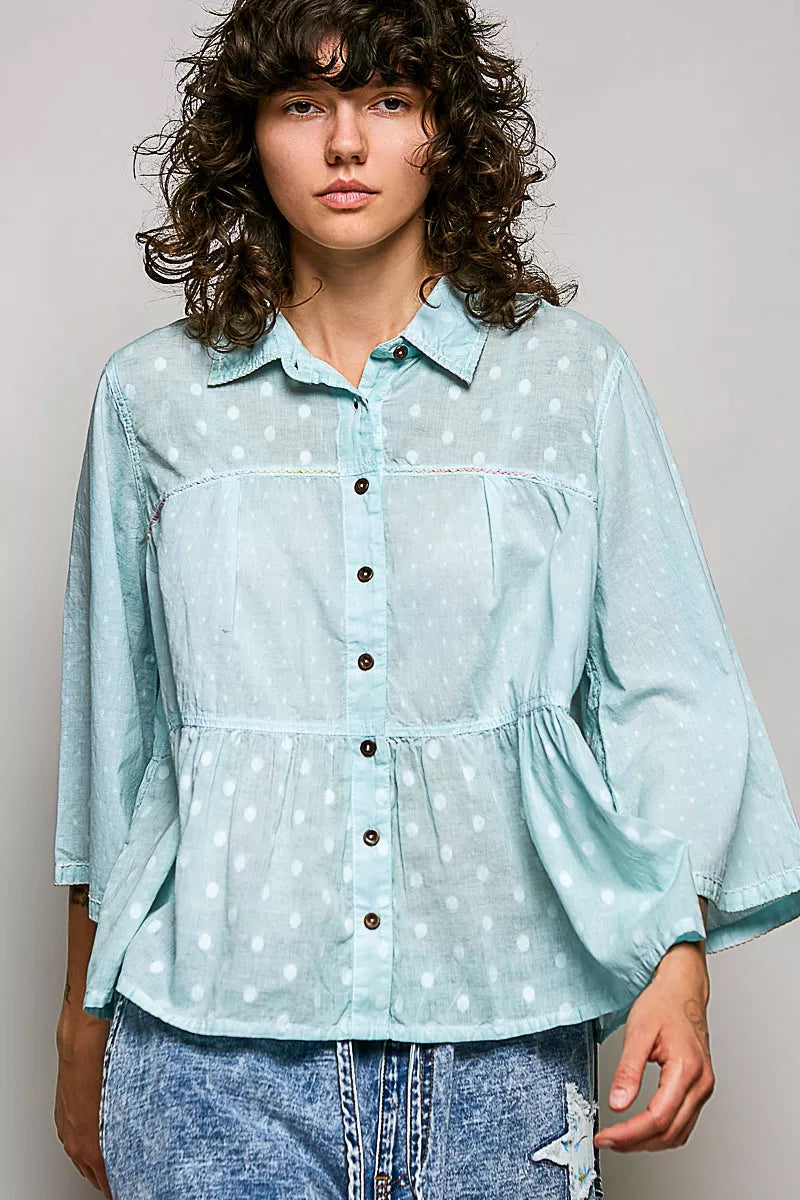 POL Tonal Dot Weave Textured Button Front Shirt