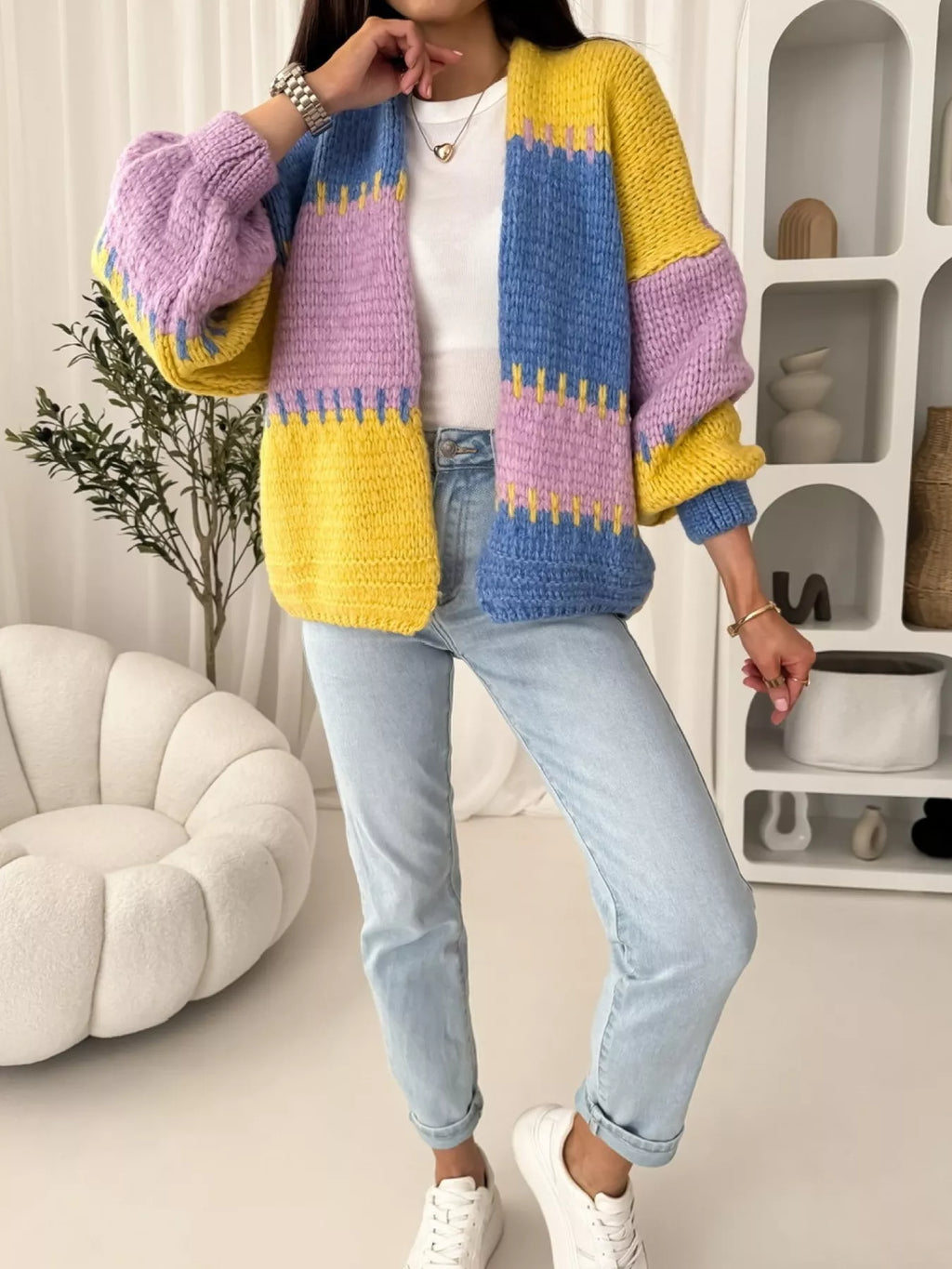 Color Block Open Front Cardigan