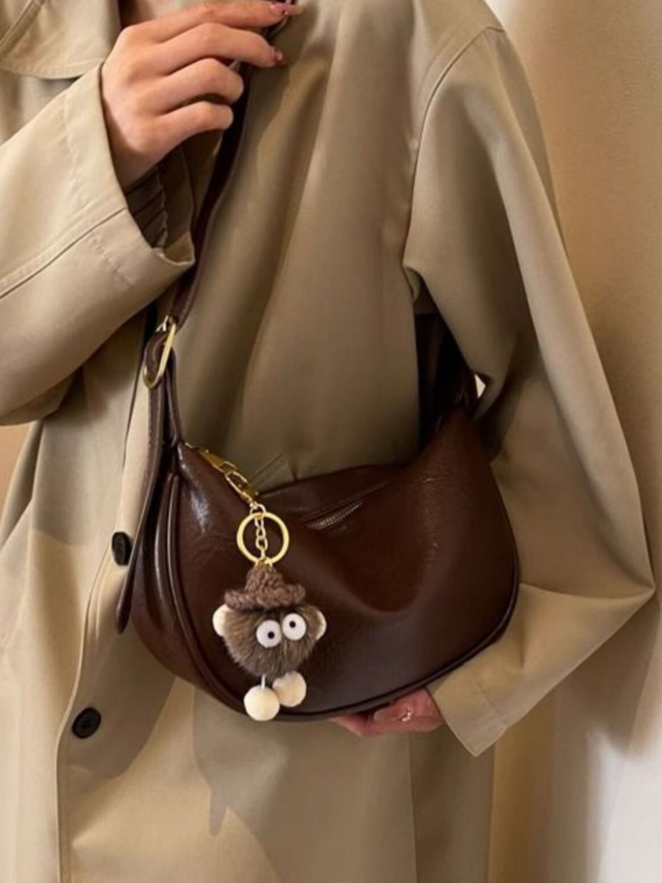 Crescent Shoulder Bag with Plush Charm