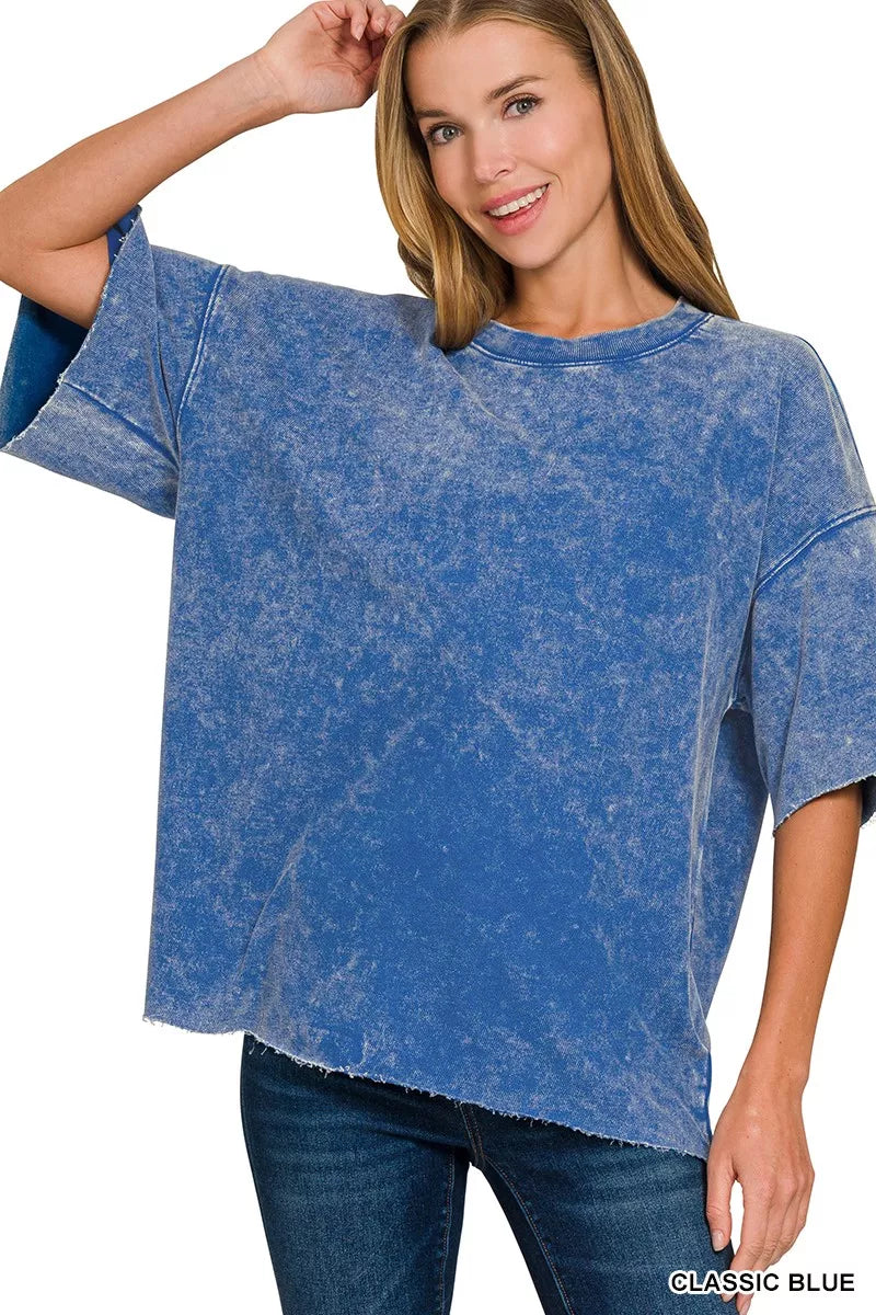 Zenana French Terry Washed Drop Shoulder Short Sleeve Top