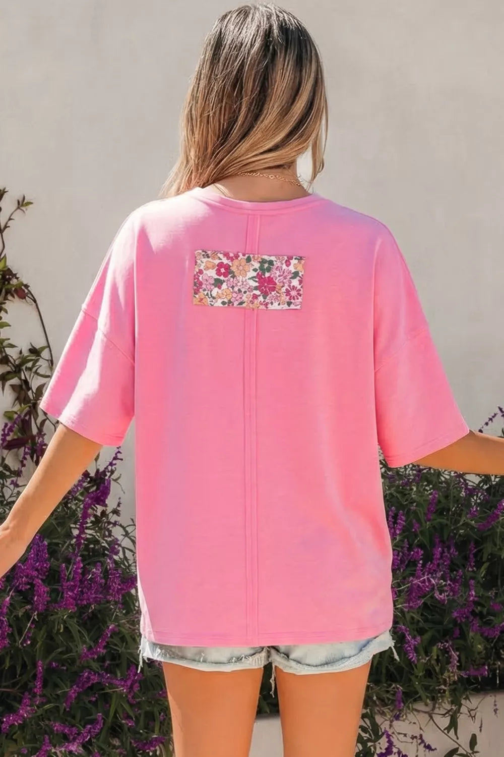 Flower Patched Round Neck Tunic T-Shirt