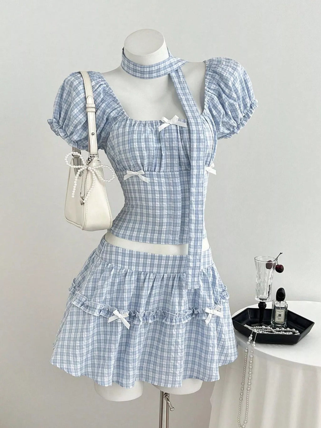 Plaid Puff Sleeve Blouse and Skirt Set