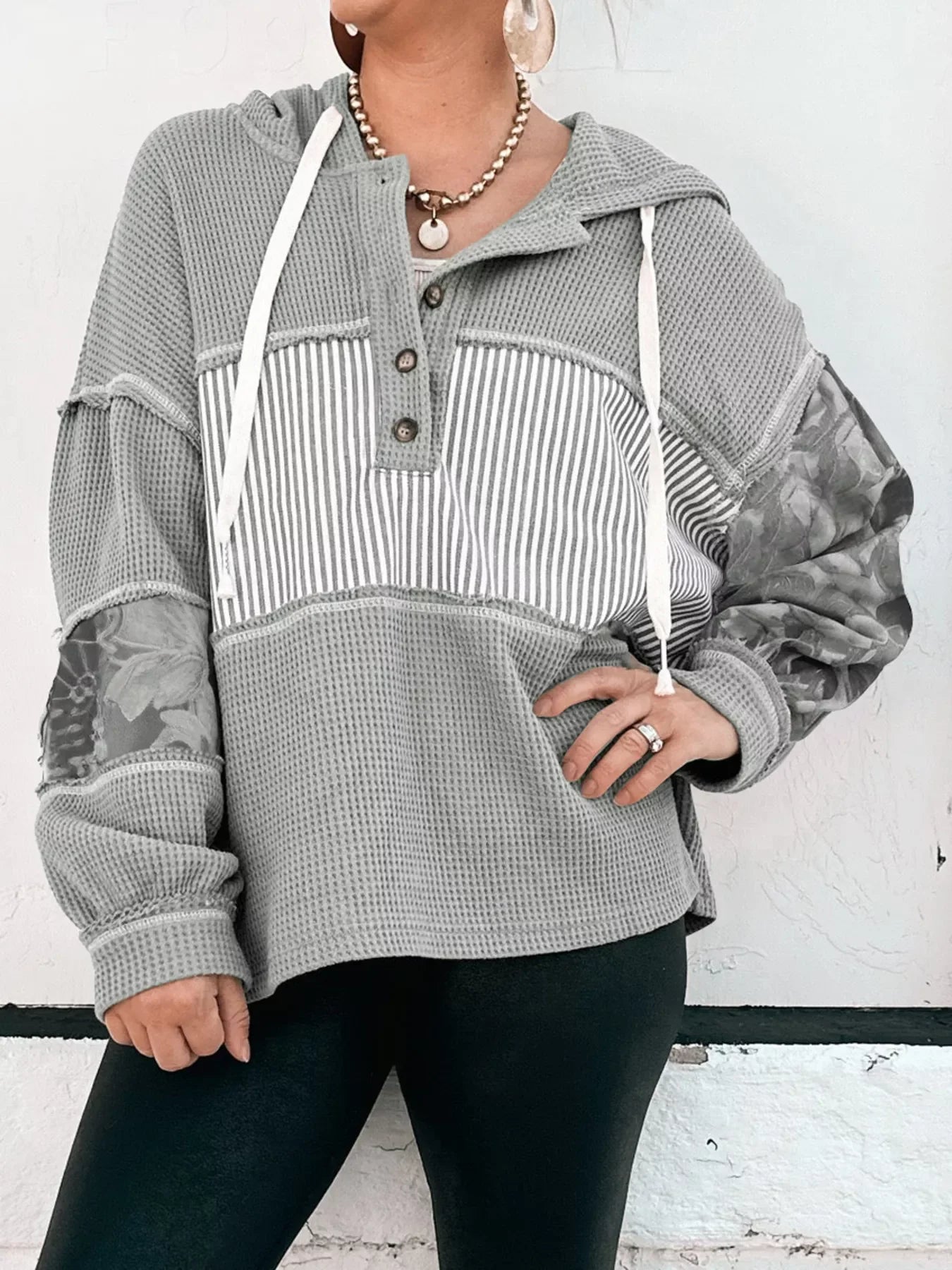Waffle Knit Striped Drawstring Hoodie