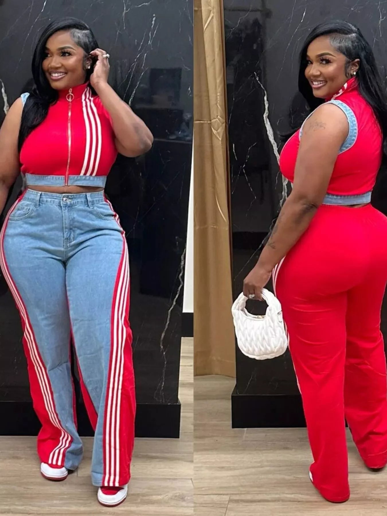 Zip Front Crop Top and Striped Pants Set