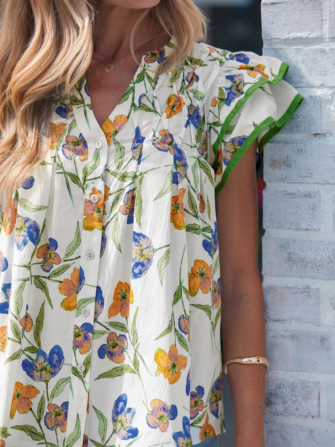 Floral Print Ruffle V-Neck Pressed Pleats Binding Tape Cotton Blouse