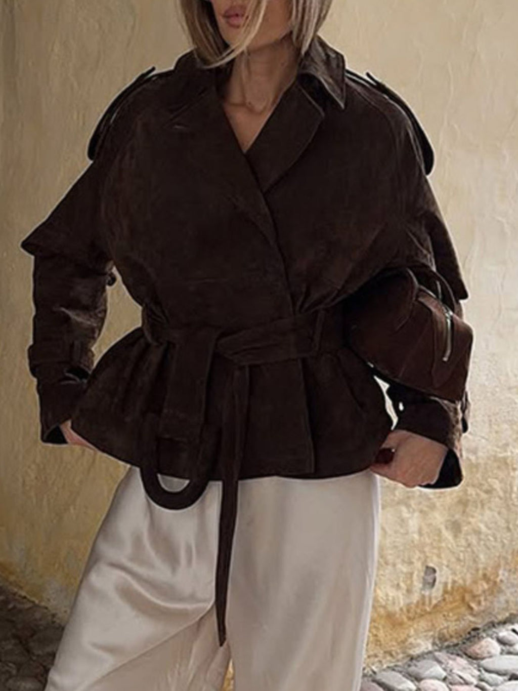 Lapel Collar Tie Waist Outerwear